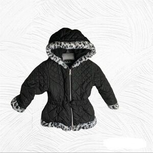 Pistachio Quilted Black w Leopard Faux Fur Trim Winter Coat Girls Sz 4